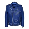 Blue Studded Biker Leather Jacket