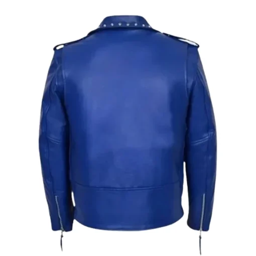 Blue Studded Biker Motorcycle Leather Jacket