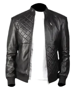 Mens Black Genuine Leather Quilted Style Jacket
