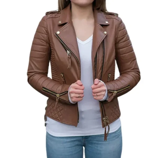 Women's Boda Brown Leather Quilted Jacket - Image 2