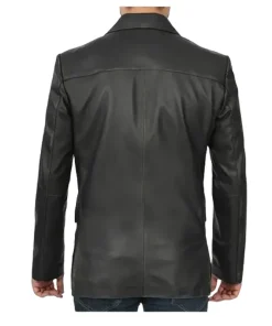 Two Buttons Notch Lapel Black Leather Blazer For Men
