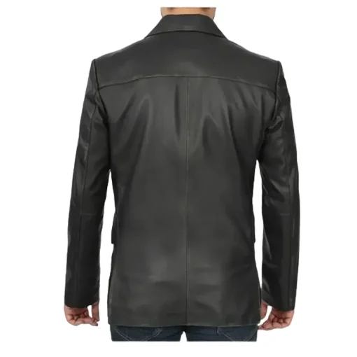 Two Buttons Notch Lapel Black Leather Blazer For Men