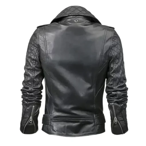 Women’s Black Quilted Leather Biker Jacket - Image 2