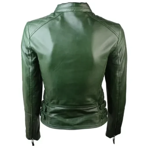 Women's Green Leather Biker Quilted Jacket - Image 4