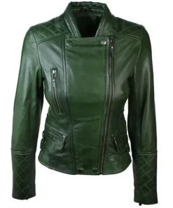 Womens-Green-Leather-Biker-Quilted-Jacket