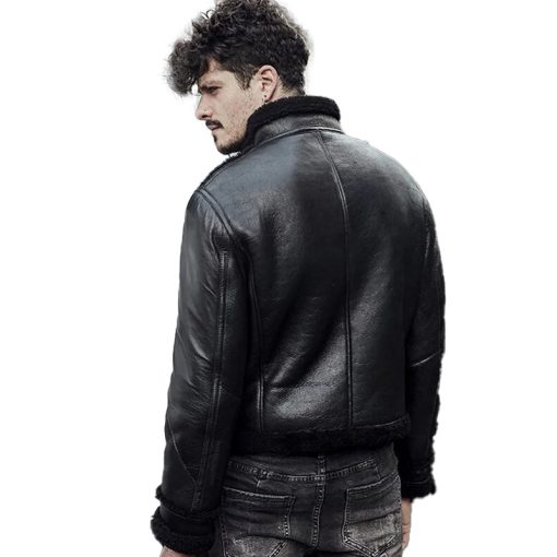 Men's B3 RAF Black Sheepskin Motorcycle Leather Shearling Jacket: - Image 3