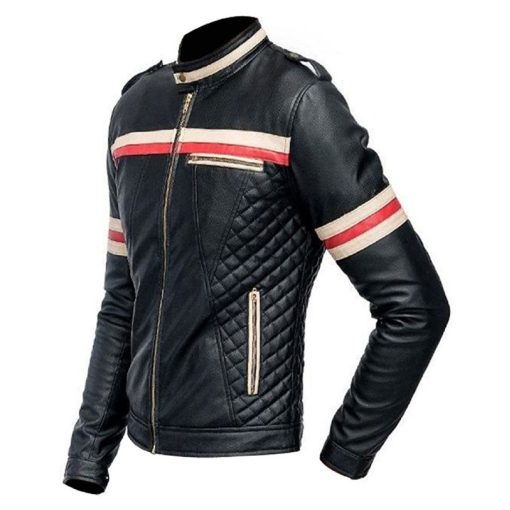 Men's Black Leather Red and White Stripes Biker Jacket - Image 3