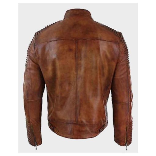 Men's Vintage Distressed Brown Leather Biker Jacket - Image 2