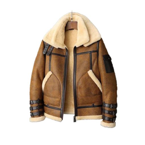 Men's Brown Double Collar Shearling Leather Jacket Coat - Image 3