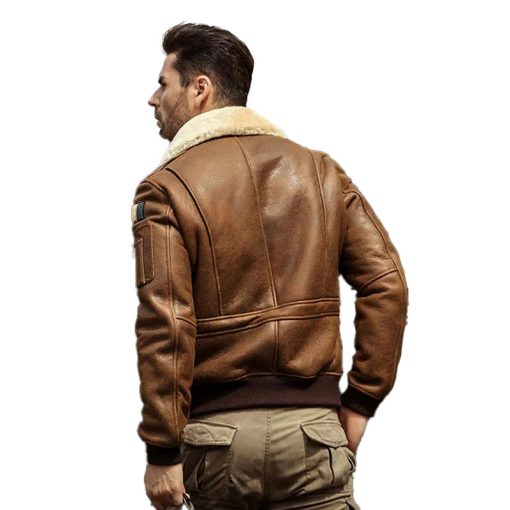 Men's B3 Brown Embroidered Shearling Leather Bomber Jacket - Image 2