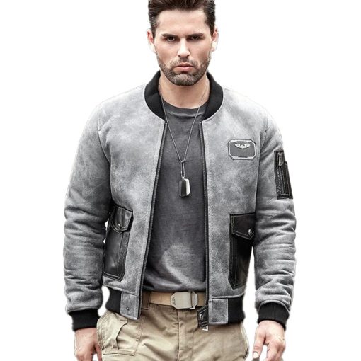 Men’s Grey A2 Airforce Sheepskin Shearling Motorcycle Jacket - Image 4