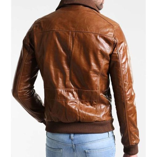 Men’s Shining Brown Genuine Leather Bomber Jacket - Image 4