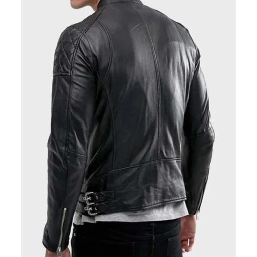 Men's Quilted Shoulder Black Leather Jacket - Image 2