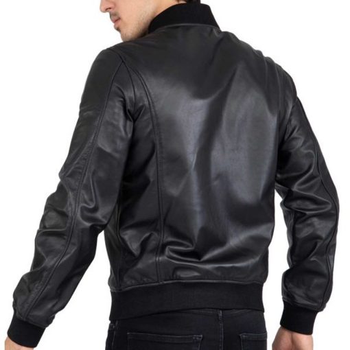 Men’s Black Lambskin Leather Bomber Jacket - Image 8