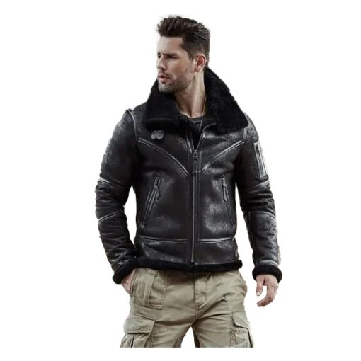 Men's Aviator Black Winter Coat Fur Bomber Leather Jacket - Image 3