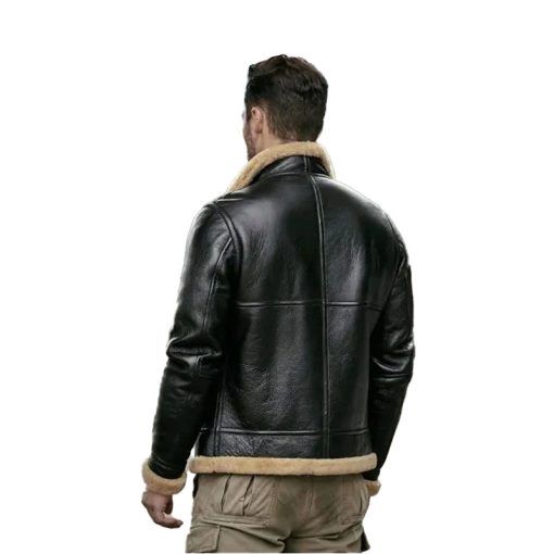 Men's Black Sheepskin Motorcycle Shearling Leather Bomber Jacket - Image 5