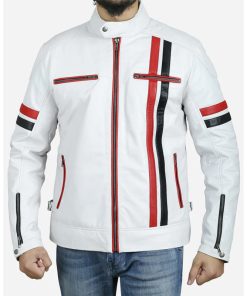 White Cafe Racer Jacket with Red and Black Stripes