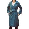 Women's Double Breasted Blue Leather Trench Coat