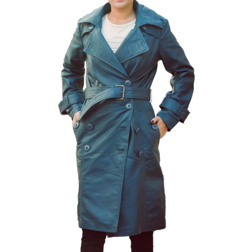 Women's Double Breasted Blue Leather Trench Coat