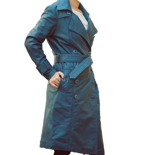 Women's Double Breasted Blue Leather Trench Coat