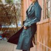 Women's Double Breasted Blue Leather Trench Coat