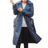 Women's Double Breasted Blue Leather Trench Coat