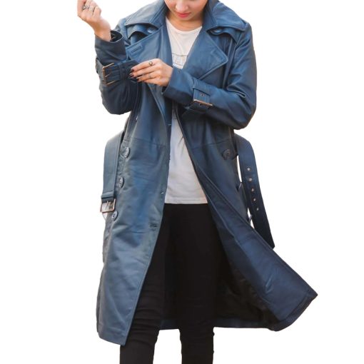 Women's Double Breasted Blue Leather Trench Coat