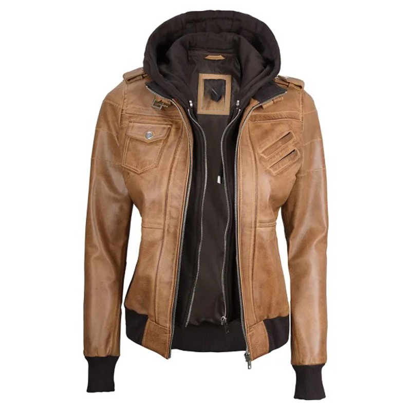 Women Camel Brown Bomber Leather Jacket