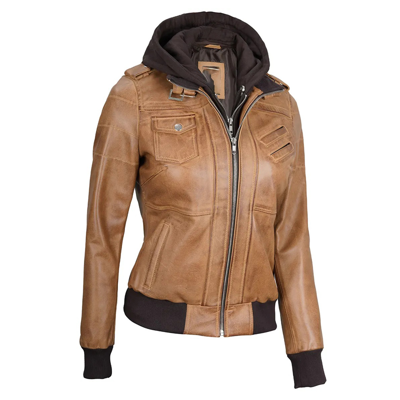Women Camel Brown Bomber Leather Jacket