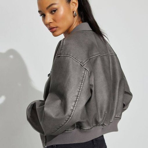 Crop Washed Faux Leather Bomber Jacket - Image 5