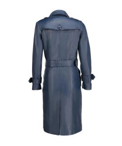 Women's Double Breasted Blue Leather Trench Coat