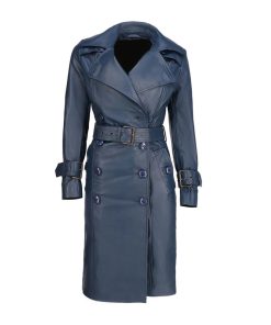 Women's Double Breasted Blue Leather Trench Coat
