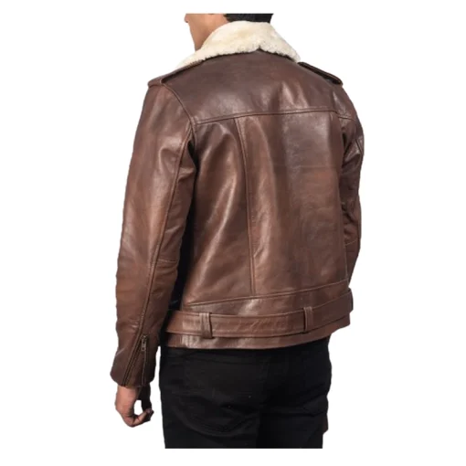 Furton Brown Leather Biker Jacket With Fur Collar