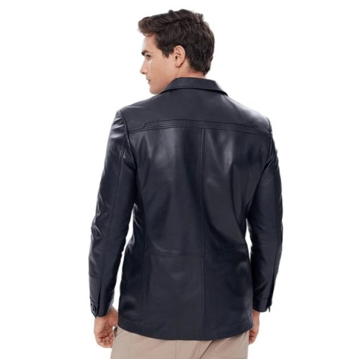 Men’s Black Genuine Leather Blazer Buttoned Coat - Image 5
