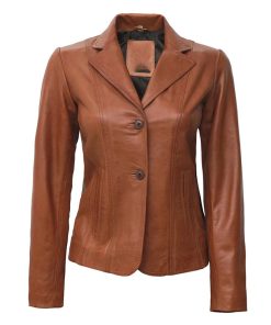 Women's Two Button Tan Leather Blazer Jacket