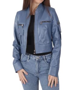 Women's Blue Leather Biker Jacket