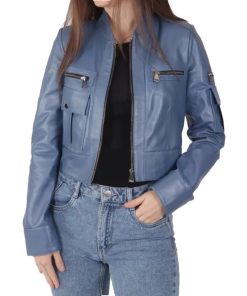 Women's Blue Leather Biker Jacket