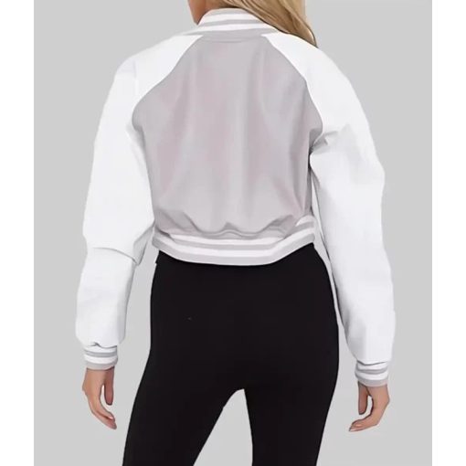 Mary Women’s Grey and White Leather Varsity Jacket - Image 4