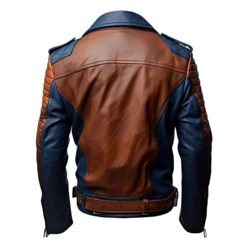 Men's Blue and Brown Leather Jacket - Image 2