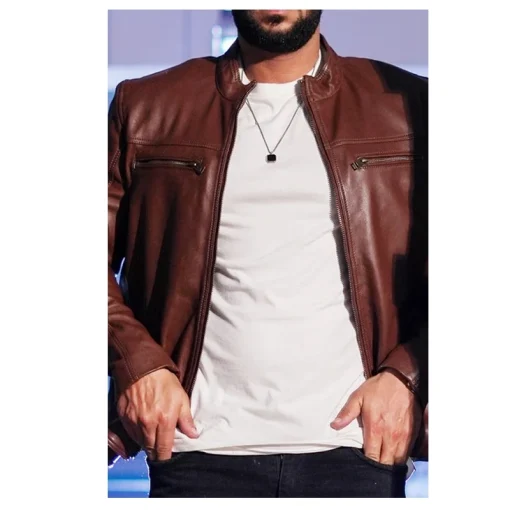 Men's Brown Stylish Biker Leather Jacket - Image 2