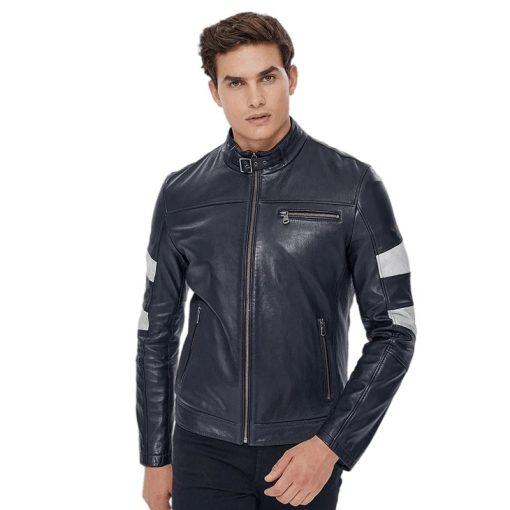 Men’s Real Black Leather Belted Collar Jacket - Image 5