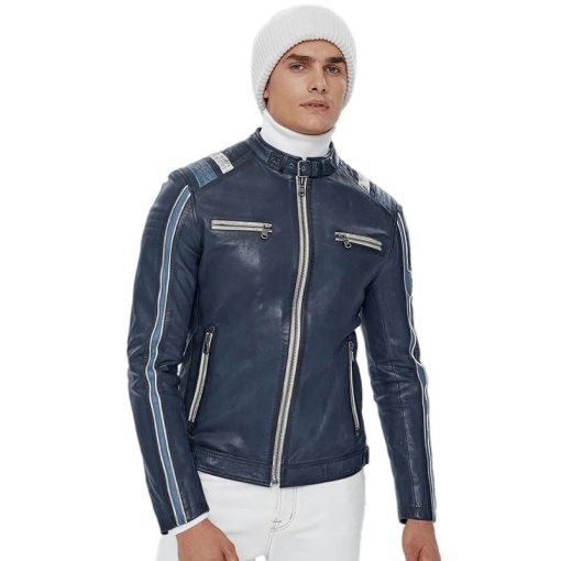 Men’s Real Navy Blue Leather Cafe Racer Jacket - Image 4