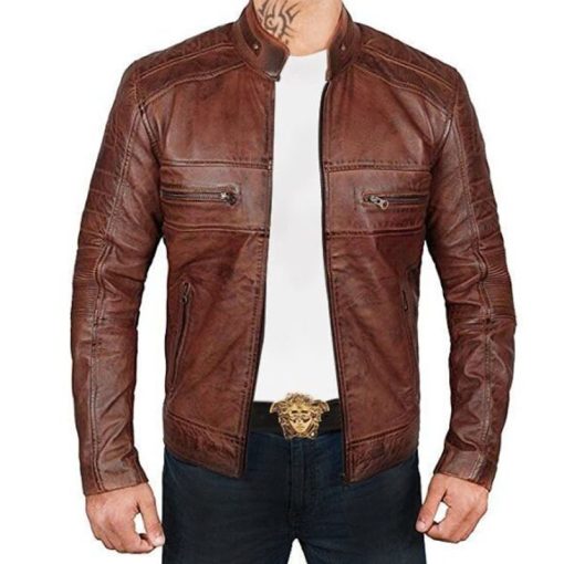 Men's Brown Distressed Biker Leather Jacket - Image 3