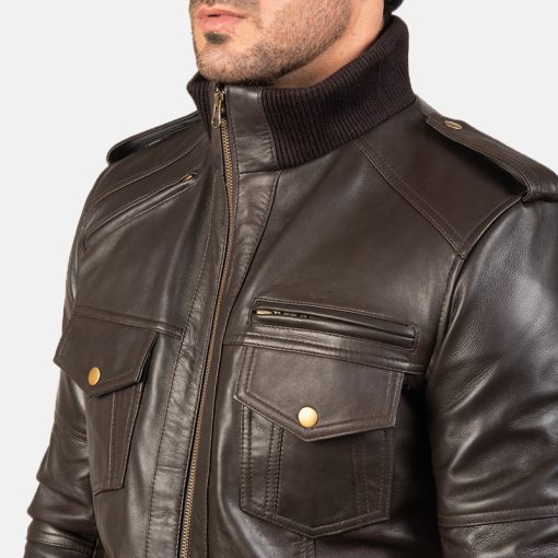 Agent Shadow Brown Leather Bomber Jacket