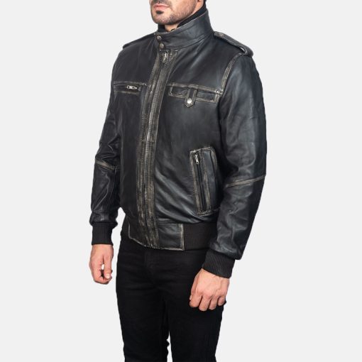 Men's Glen Street Black Leather Bomber Jacket - Image 4