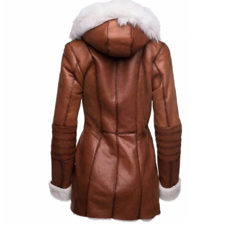Womens Tan Leather Coat with Fur Hooded