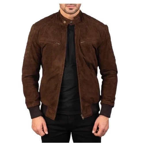 Men’s Sven Mocha Brown Suede Goatskin Bomber Jacket - Image 2