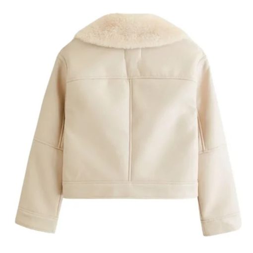 Women's White Faux Shearling Aviator Leather Jacket - Image 2
