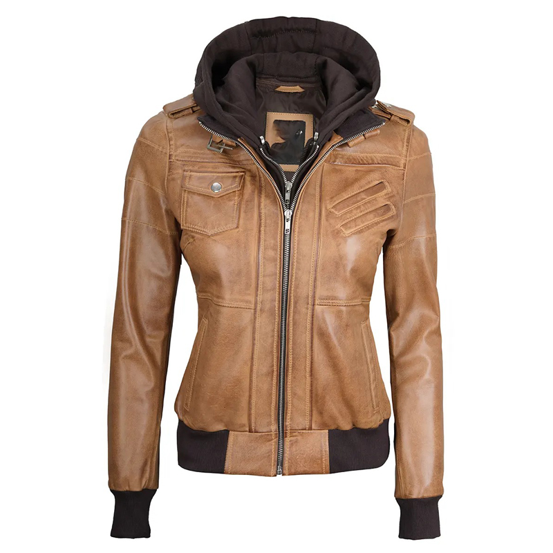 Women Camel Brown Bomber Leather Jacket