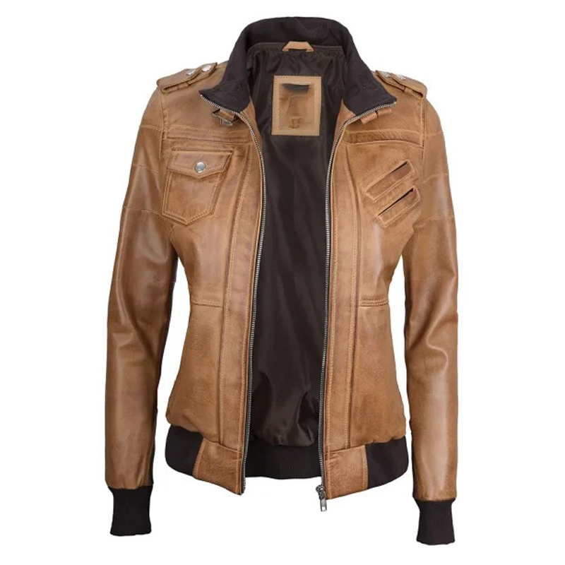 Women Camel Brown Bomber Leather Jacket